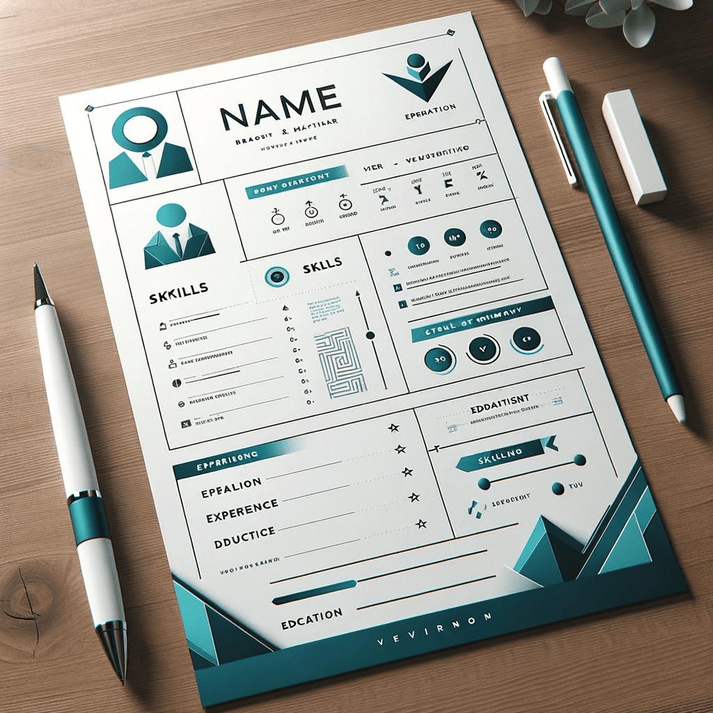 Design a high-resolution mockup of a professional curriculum vitae (cv). The cv should have a modern, geometric layout with sharp, clean lines, and a color scheme incorporating shades of teal and white. It should include a prominent header with the name and contact information, followed by sections for professional summary, skills, experience, education, and achievements. Use elegant, readable fonts and infographics for skill ratings. The background should be a subtle blend of the chosen color palette, with a clean design that draws attention to the content. Place the mockup on a wooden surface to give a realistic feel of a physical document, with a sleek white pen alongside for added professionalism.