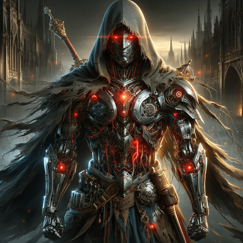 Create an image of a mechanized warlock in a dystopian city. The figure is clad in dark robes with a hood, glowing red eyes, and intricate armor that fuses technology and arcane symbols. The environment is dark, lit by the glow of the warlock's armor and the distant city lights. Focus on high detail and contrast, with a balance between the fantastical elements and the grounded, realistic textures.
