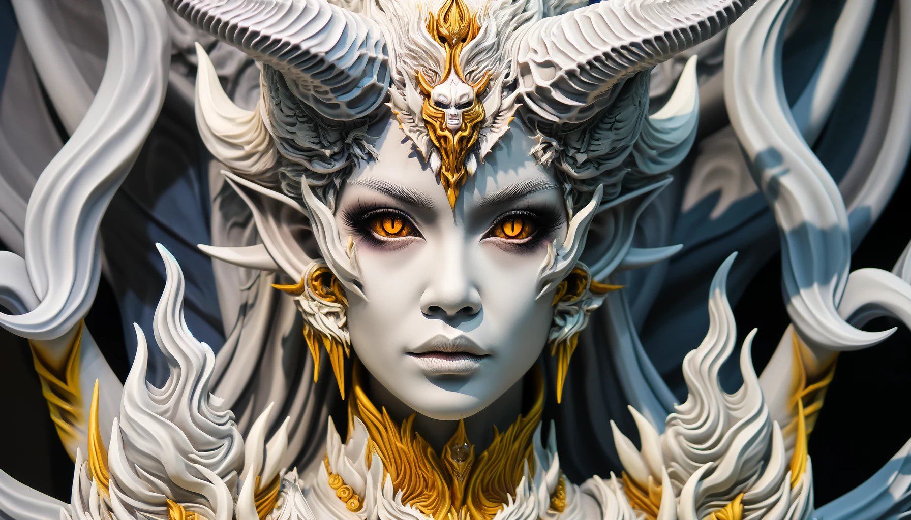 The face of a woman dressed in demon attire, in the style of light gray and light gold, vibrant illustrations, intricately sculpted, realistic hyper-detailed portraits, white and amber, queencore, depicts real life --ar 3:5 --v 6. 0