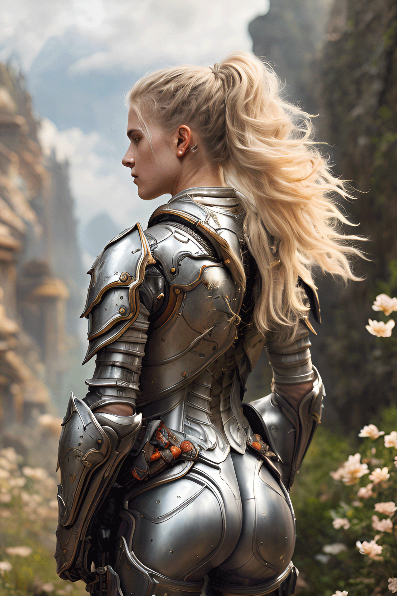 Full body, walking pose, slow motion, female paladin wearing full body (light silver armour:1. 2) , (insanely detailed, bloom:1. 5) , (highest quality, alessandro casagrande, greg rutkowski, sally mann, concept art, 4k) , (analog:1. 2) , (high sharpness) , (detailed pupils:1. 1) , (painting:1. 1) , (digital painting:1. 1) , detailed face and eyes, masterpiece, best quality, (highly detailed photo:1. 1) , 8k, photorealistic, (long blonde hair, ponytail haircut, ecstatic:1. 1) , (young woman:1. 1) , by jeremy mann, by sandra chevrier, by maciej kuciara, sharp, (perfect body:1. 1) , realistic, real shadow, 3d, (temple background:1. 2) , (by michelangelo)