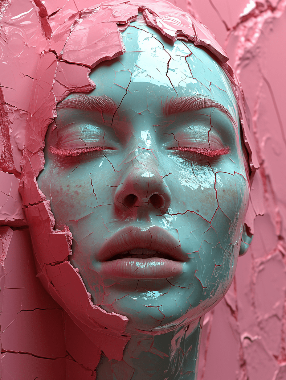 Woman bionic ceramic glossy pink face sculpture, pushed out of the background, front view, brightly lit, ultra realistic, modern minimalism, futuristic, --style raw --ar 3:4 --s 350 --v 6. 0