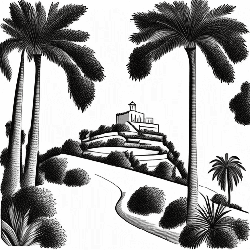 A simple and elegant line drawing graphic to be used on a wedding invitation picturing a mallorcan villa perched on top of a hill, with a sloping winding path down the hill to a garden below including cypress trees and palms. Simple elegant cartoon graphic design in black and white.