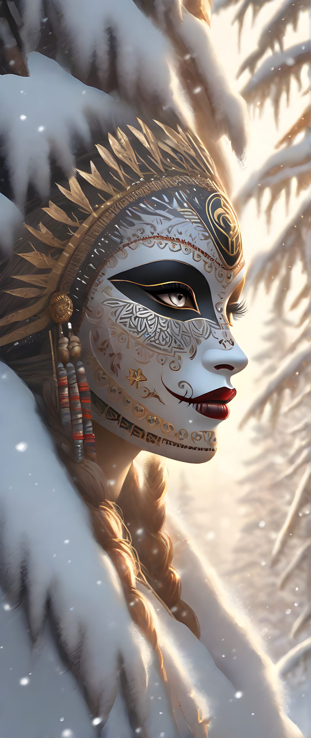 Damshelma's art capturing an awe-inspiring lady donning traditional african voodoo mask, encircled by a mystical snowfall in wintertime, snowy backdrop, voodoo mask intricate patterns, cold climate, heavy snowflakes drifting down, masked face mystery and enchantment, magic realism style, snowy landscape, winter chill, ethereal beauty, contrasting elements- tropical mask, frosty environment, enhanced detail, vivid colors, eerie allure, digitally rendered, aesthetics of intrigue