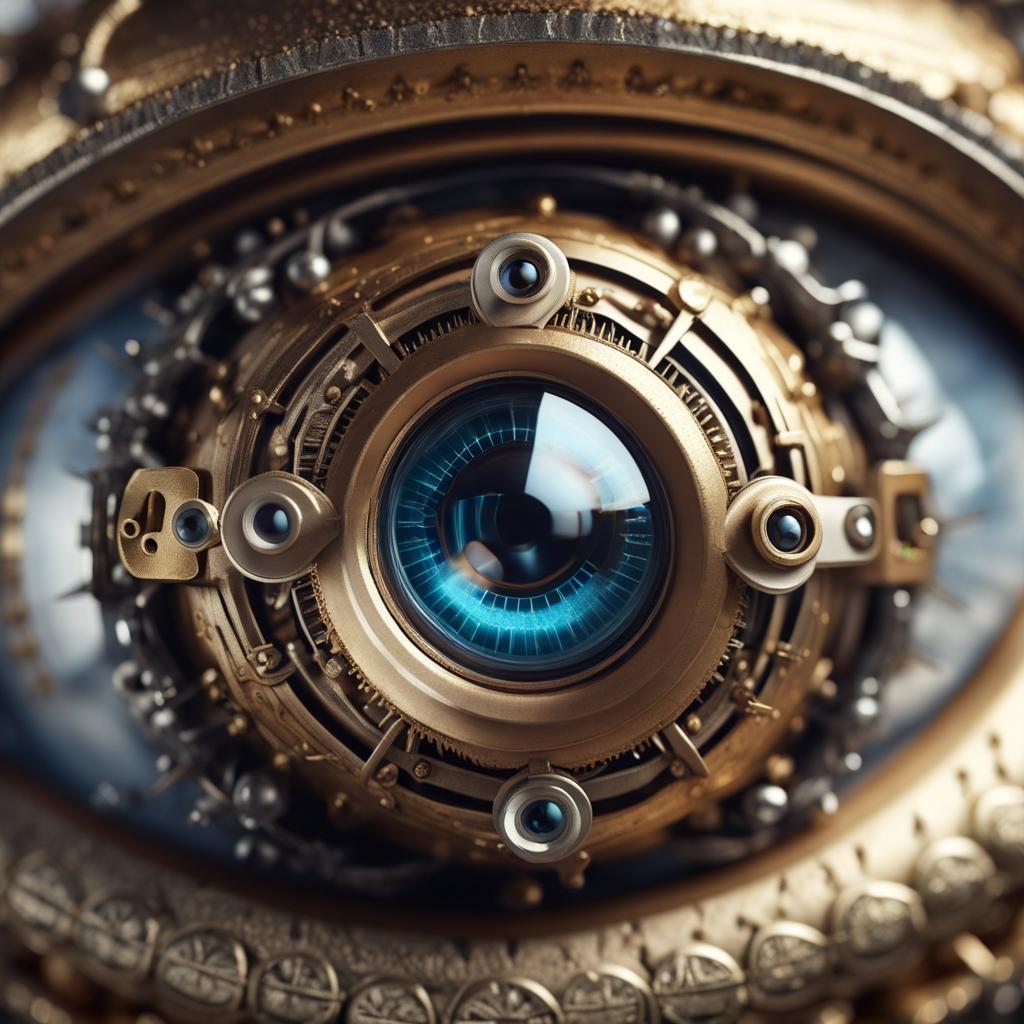 Extremely realistic, steampunk eye, full view of eye, blurry middle background, ornamental, macro shot, hd, hyperrealistic, mystic, baroque, octane render, sharp center focus, sharpness on background, 8k