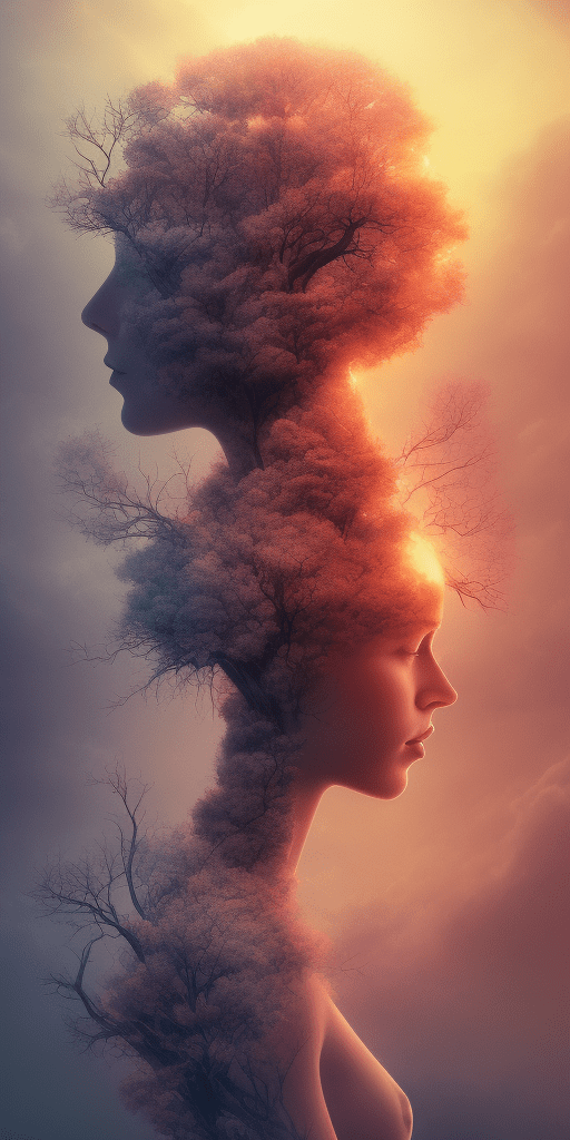 Nature exploding out a humans head, trees, flowers, mountain, sunset, nature mind, expressive creative art, surrealistic concept art, ethereal landscape in a cloud of magic coming out the top of a human head, incredible details, high-quality, flawless composition, masterpiece, behance, by marco mazzoni, ink wash