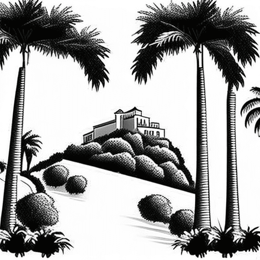 A simple pretty line outline graphic to be used on a wedding invitation picturing a mallorcan villa perched on top of a hill, with a sloping winding path down the hill to a garden below including cypress trees and palms. Black and white. No shading at all just the outlines in rough minimal style.