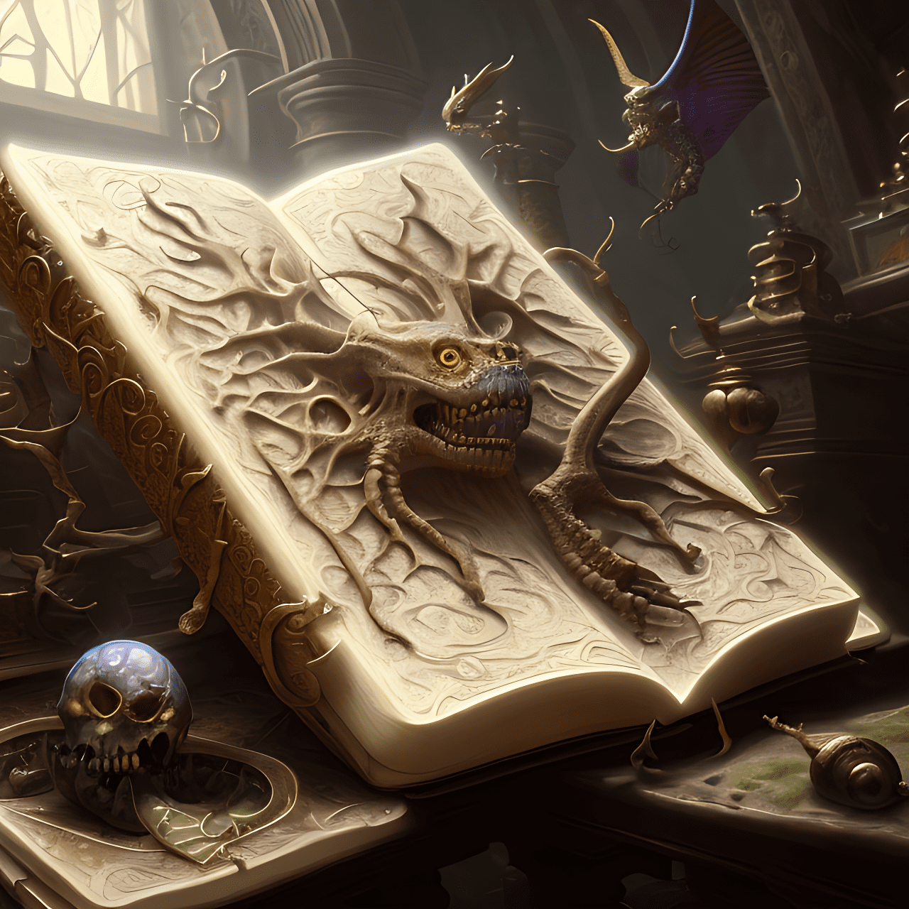 Mdjrny-v4 style, magic spell book sitting on a table in the catacombs, hypermaximalist, insanely detailed and intricate, octane render, unreal engine, 8k, by greg rutkowski and peter mohrbacher and magali villeneuve