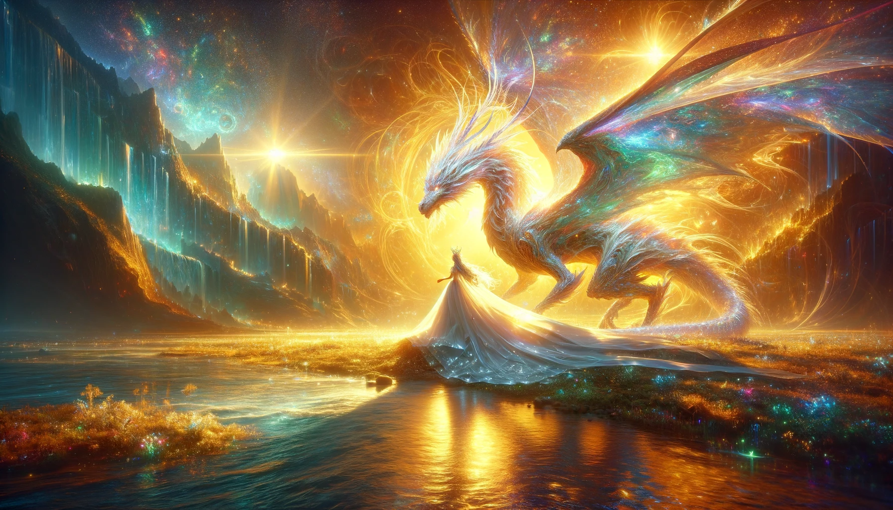 Envision a hyper-maximalist, cinematic painting that embodies the theme of 'light', featuring a dragon and its queen. The dragon is an ethereal creature, its scales iridescent and reflecting a spectrum of light, giving the impression of a living prism. The queen, a sovereign of illumination, wears a gown that radiates with a soft, incandescent glow, resembling the first light of dawn. They are set in a realm where light is abundant, illuminating the landscape with a warm, golden hue. The environment is vibrant and alive, with lush greenery and clear skies, bathed in the rejuvenating power of light. The scene conveys a sense of hope and renewal, the dragon and queen symbolizing the purity and energy of light. The composition is a celebration of brightness and color, all rendered in ultra-high 8k resolution to capture the luminescent essence of this radiant world. Robiness. Masterprompter.