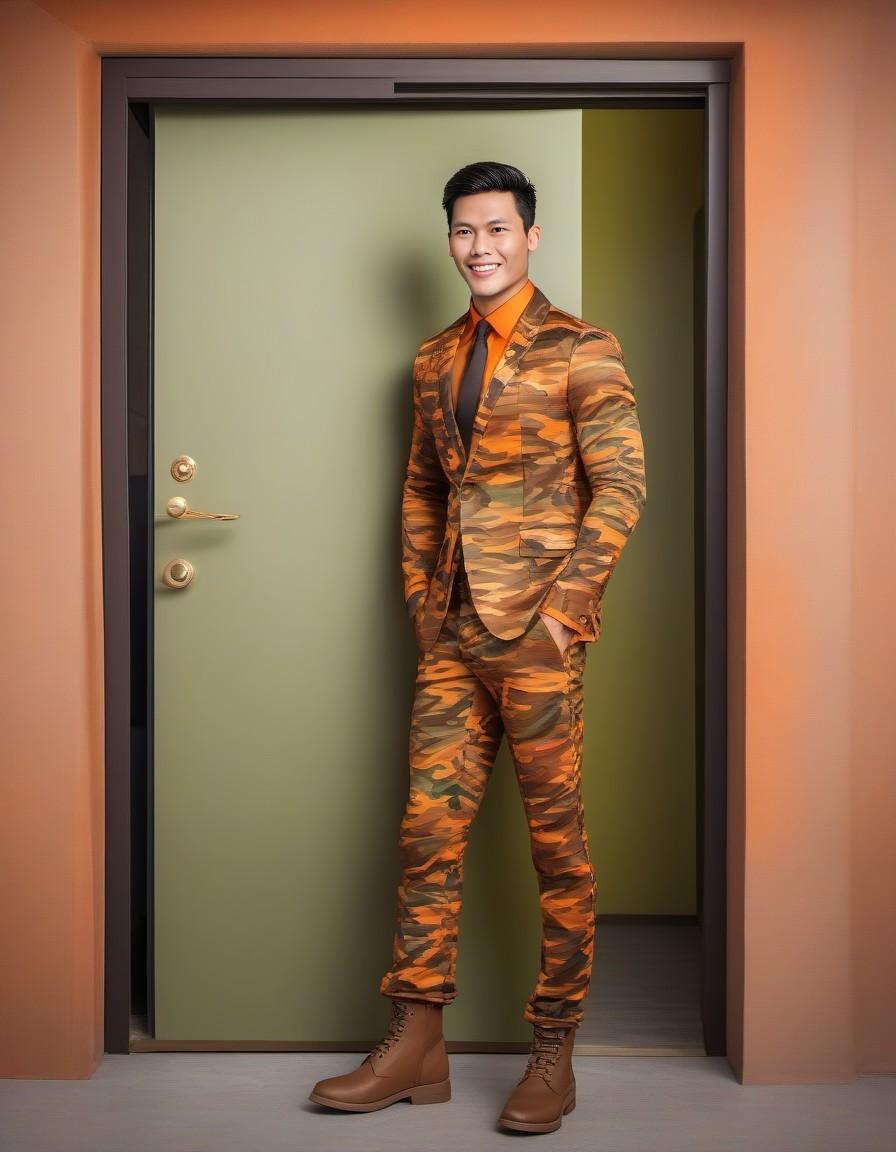 Fashion cover, front view, full-body, man model, door, chic camouflage suit, orange shirt and camoflage tie, camouflage texture boots --ar 9:16