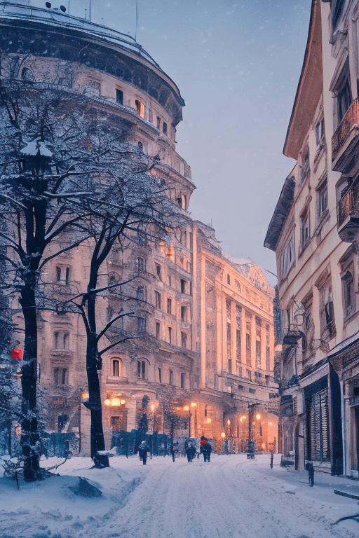 Bucharest| street| old town| old city| winter| heavy snow| comprehensive cinematic| atmosphere| masterpiece