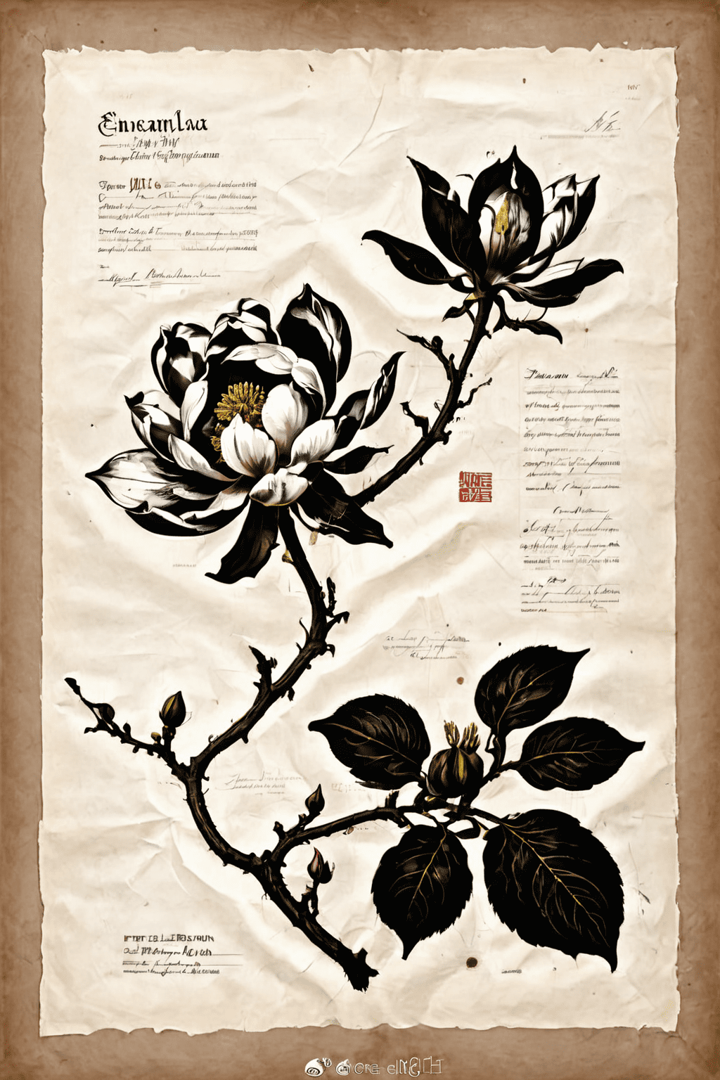 Masterpiece, best quality, ink wash painting, on parchment, a magnolia flower, simple botany, flat illustration vector, ink wash botanical floral, minimalist style by peter brown, central composition, white background, vector diagram, svg
