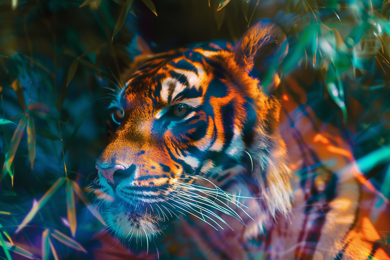 Innovation and creativity, experimental techniques like in-camera manipulations pattern-focused imagery of tiger --ar 3:2 --v 6.