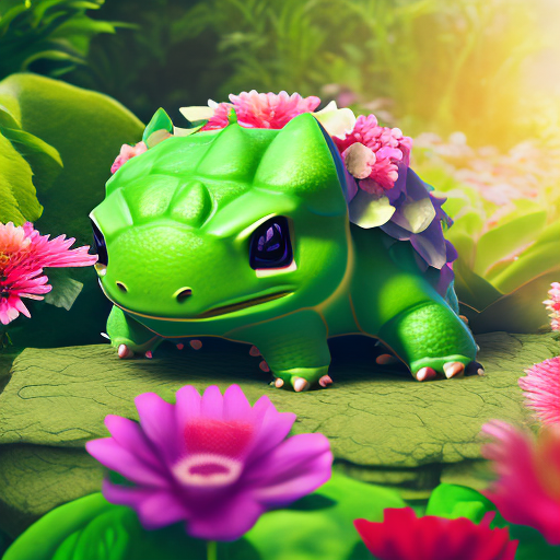 Create a high-resolution, realistic image of bulbasaur in a joyful, serene garden setting, surrounded by colorful flowers and plants, with a look of happiness and contentment. Make it look like a photograph of a real creature in a beautiful garden.