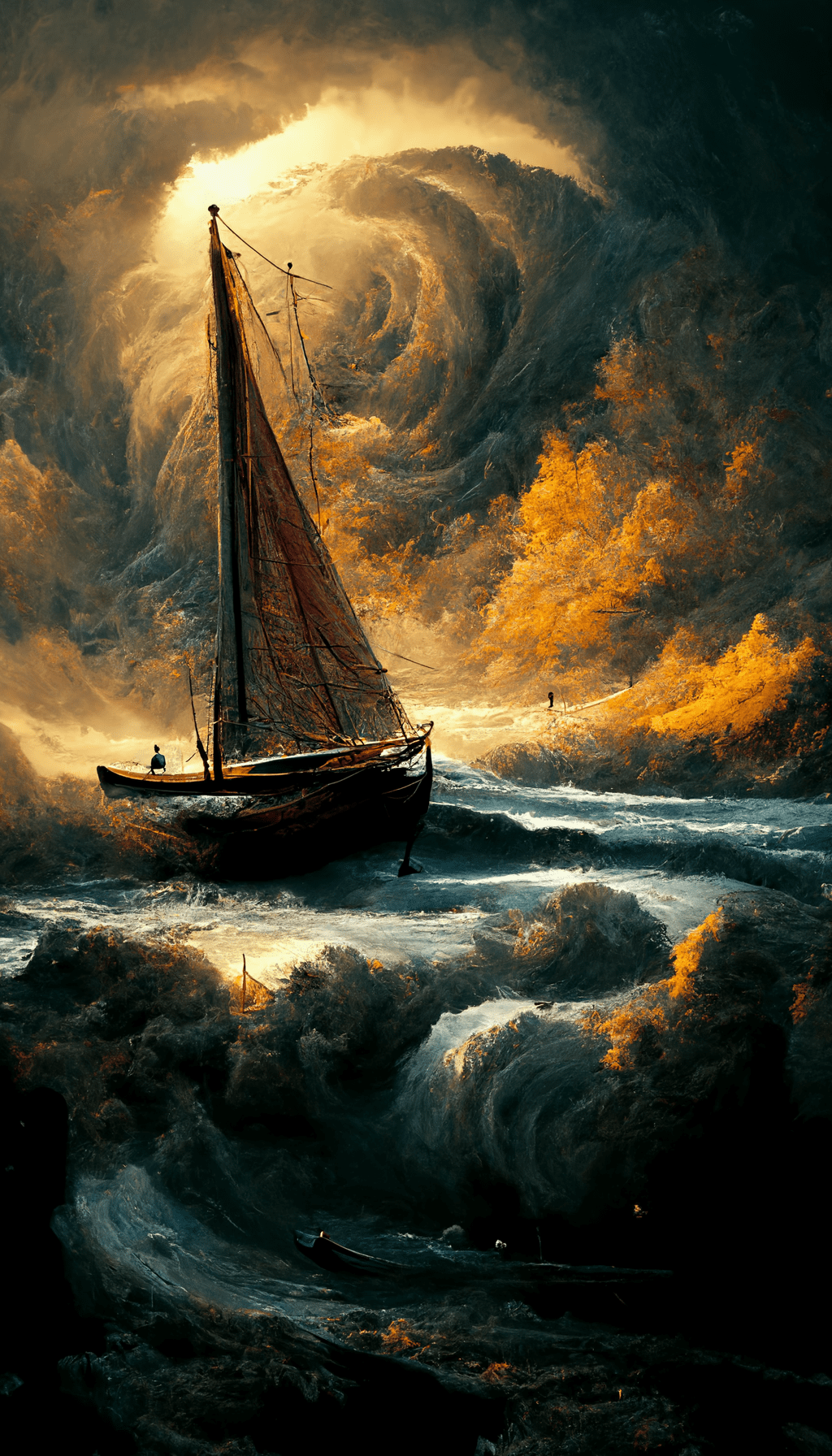 A real photographic landscape painting with incomparable reality, super wide, ominous sky, sailing boat, wooden boat, lotus, huge waves, starry night, harry potter, volumetric lighting, clearing, realistic, james gurney, artstation --ar 9:16