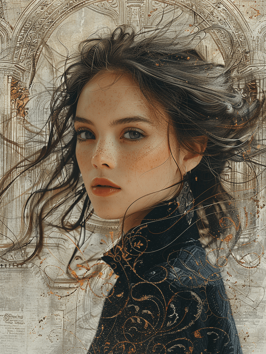 Digital art of a beautiful woman with hair blowing in the wind, the background is a collage of ancient ruins and ornate patterns, the color palette includes shades of grey, silver, bronze, copper and brown, the mood evokes magic, fantasy and mystery --ar 37:49 --stylize 750