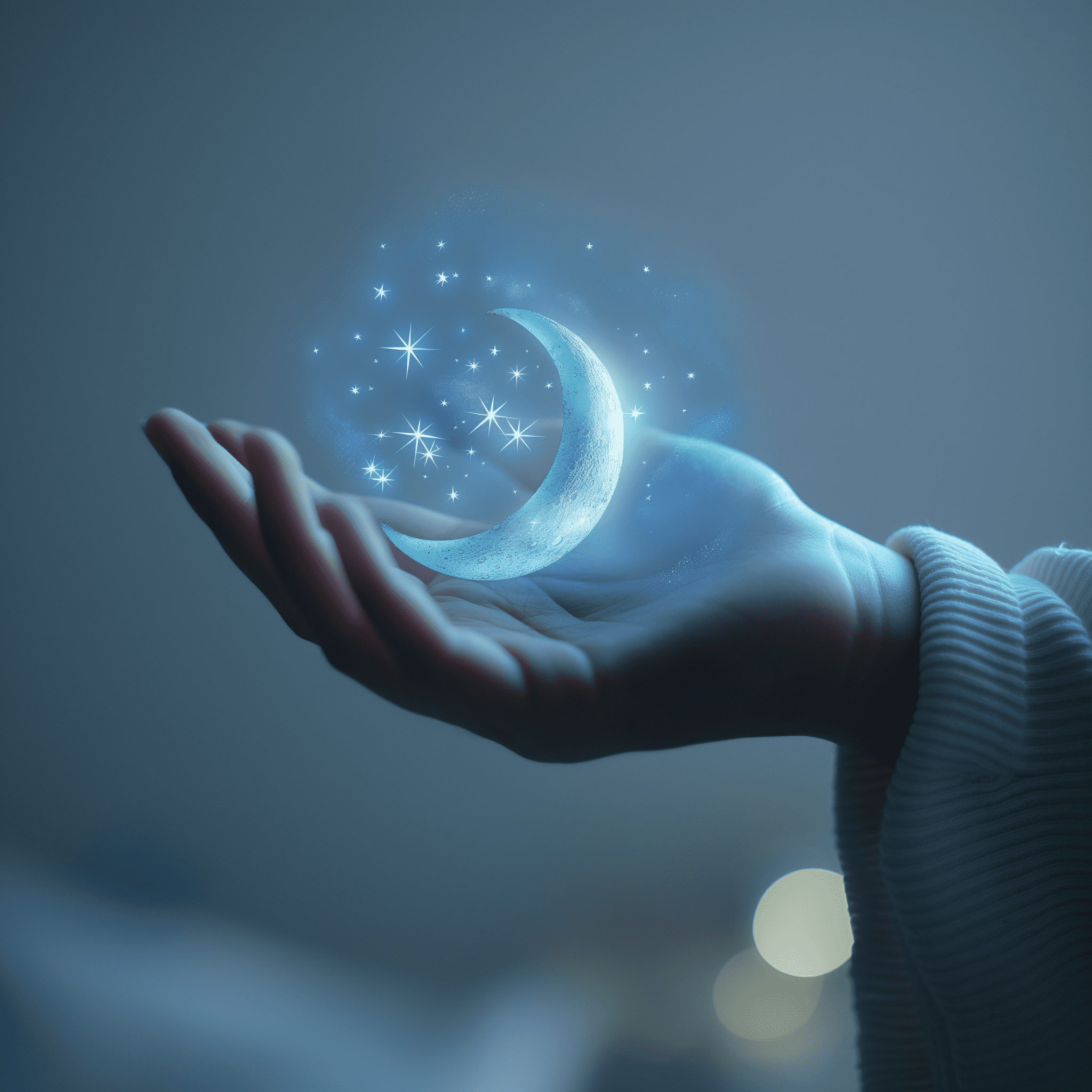 Hand with glowing moon and star inside it, side view against a bright background, simple design in a closeup shot --v 6. 0