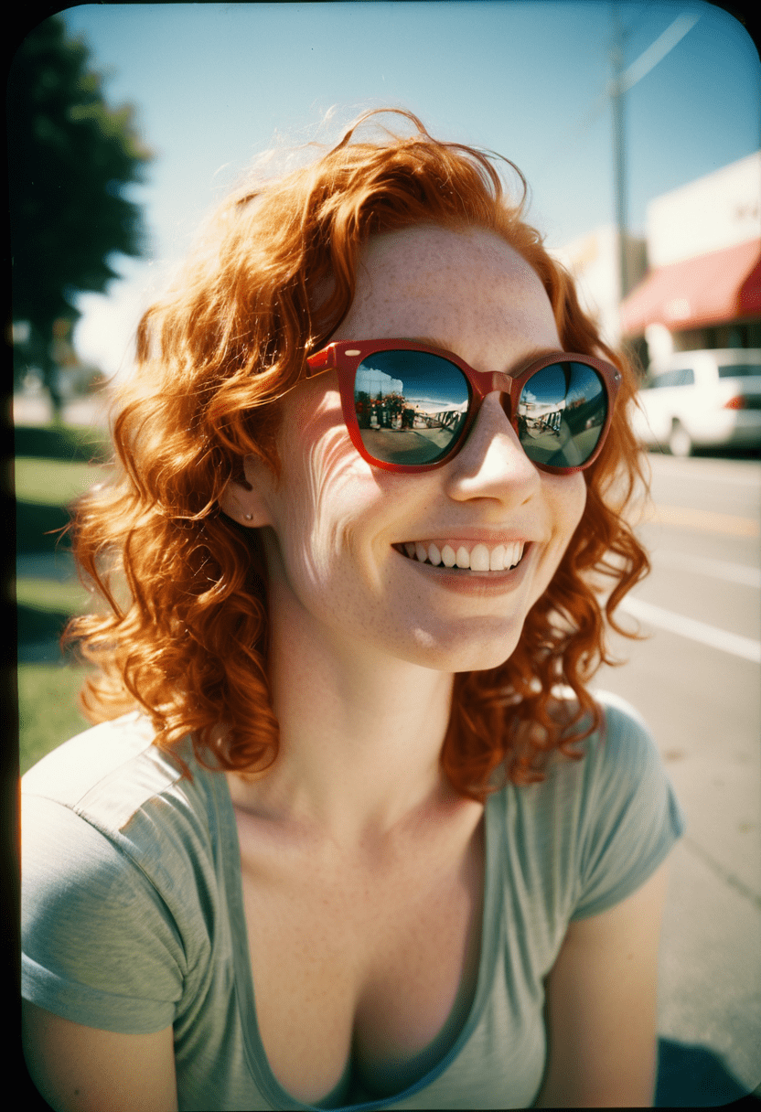 Analog color film photograph of a ginger hair woman smiling and enjoying the beautiful sunny day, tilting her head back slightly, red curly auburn hair, sun reflects off of her highly reflective sunglasses, wearing a t-shirt, iso 200 faded film, 35mm photo, grainy, vignette, vintage, kodachrome, lomography, stained, highly detailed, found footage