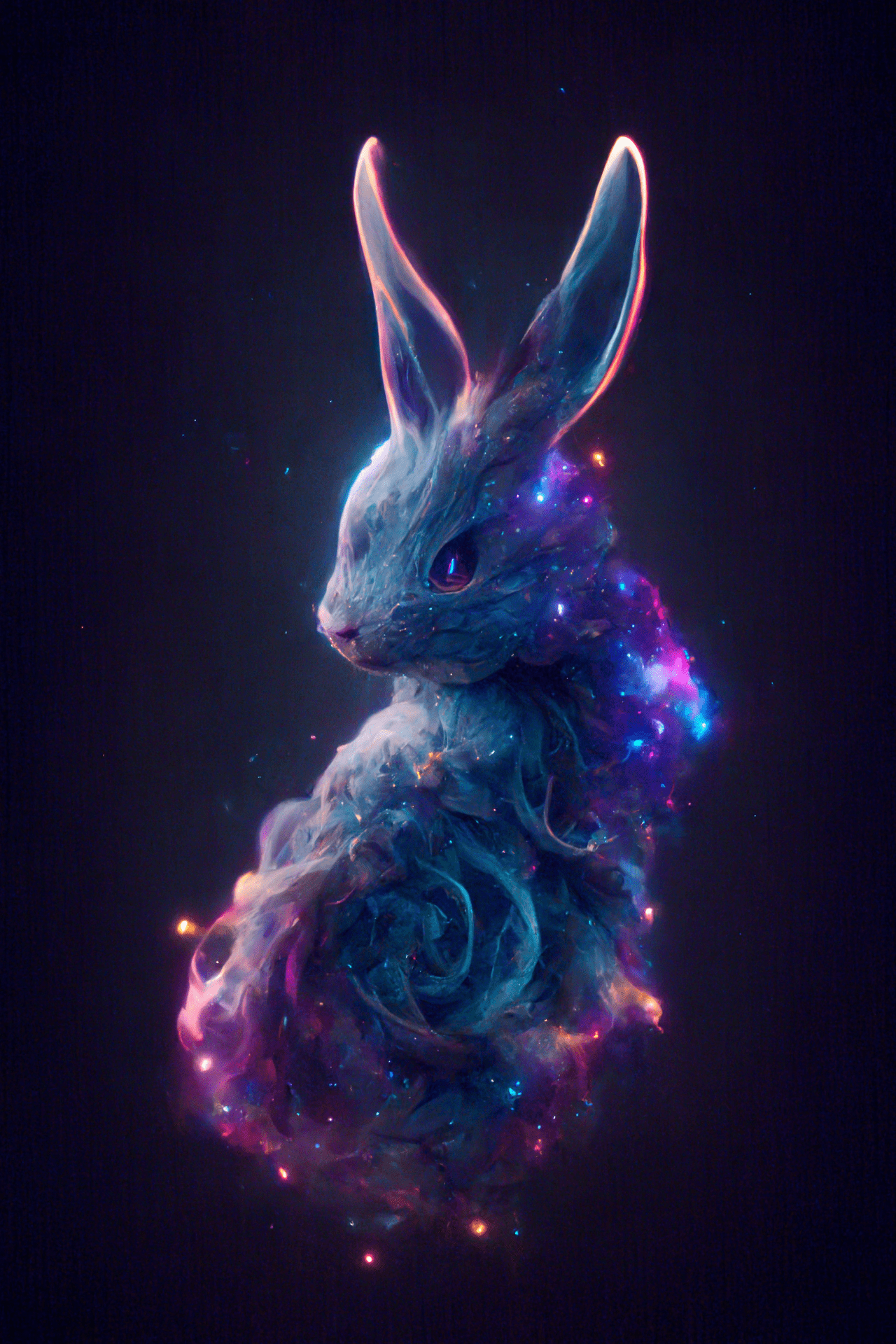Galaxies, spirals, space, nebulae, stars, smoke, iridescent, intricate detail, in the shape of a rabbit, octane render, 8k, --q 2 --ar 2:3 --uplight