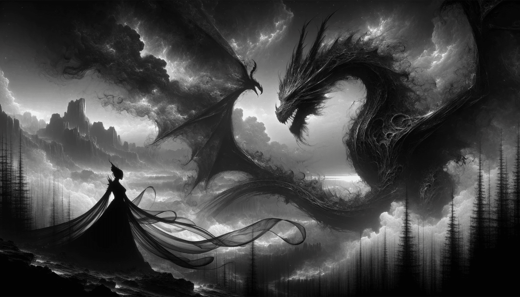 Create a hyper-maximalist, cinematic painting depicting a dragon and its queen in a theme of shadows. The dragon is a formidable creature woven from the essence of darkness, its scales a tapestry of varying shades of black and gray, giving the impression of moving shadows. The queen, a mistress of the shadow realm, wears a gown that seems to be made from the night itself, flowing and shifting like smoke. They stand in a realm where light is scarce, and shadows dominate the landscape, with ghostly trees and obscured horizons. The scene is imbued with a sense of mystery and the unknown, the dragon and queen almost blending into the environment, yet their presence is unmistakably powerful. The entire composition is a play on light and darkness, emphasizing the beauty and depth of shadows, all rendered in ultra-high 8k resolution. . Robiness. Masterprompter.