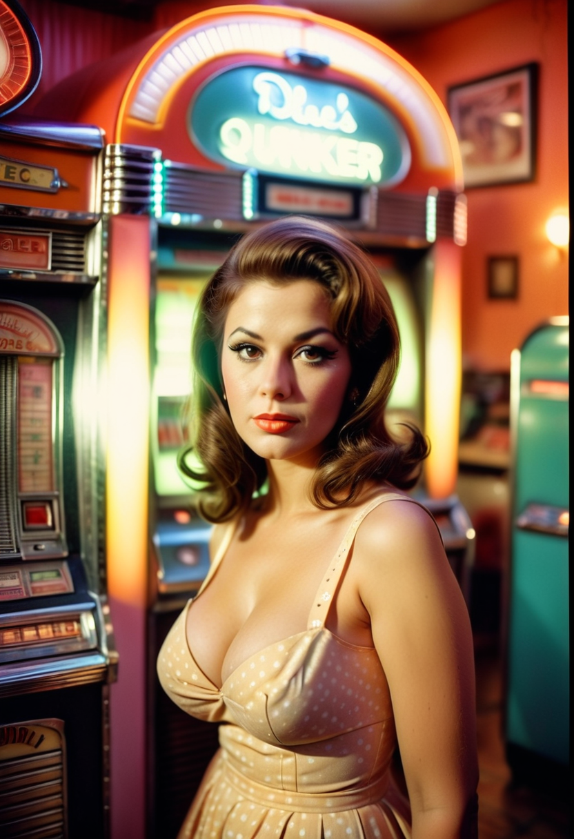 Analog color film photograph of a woman, 1960s attire, light-brunette hair, light colored eyes, standing in front of a vintage diner jukebox, vibrant colored lighting, iso 200 faded film, 35mm photo, grainy, vignette, vintage, kodachrome, lomography, stained, highly detailed, found footage