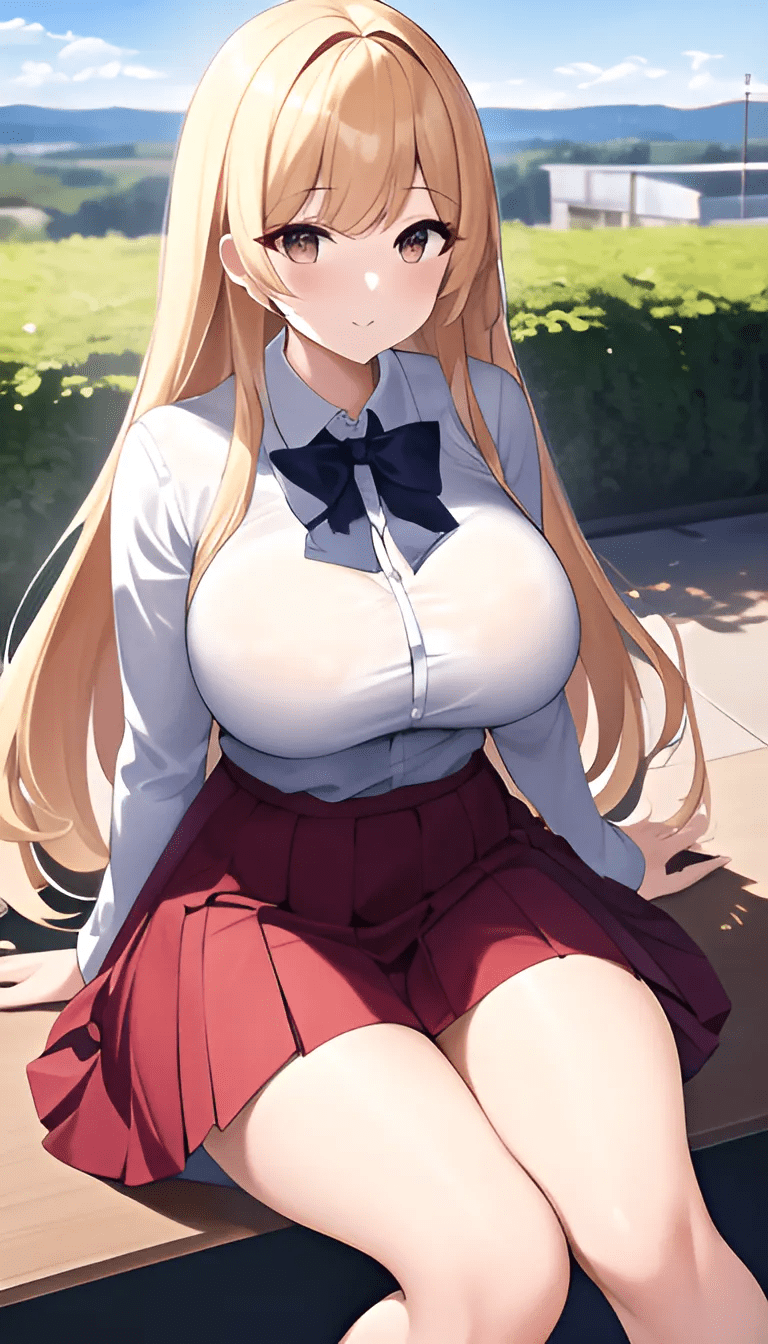 School uniform, skirt, (beautiful, high res, 256k:1. 2) , outdoors, school, white school uniform, red skirt, beautiful scenery, long blonde hair, brown eyes, white outfit, sitting