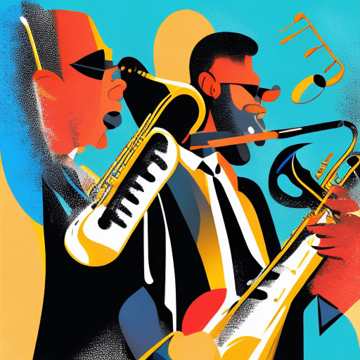 2d illustration of in musician jazz band mens strong outlines, bold traces, high contrast, (professional vector) , best quality, flat colors, flat lights, low levels, (powder explosion).