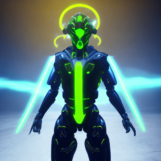 Celestial humanoid male, glowing yellow aura, glowing green eyes, black background, blue and green light shining from both hands, full body shot, unreal engine 4, cinematic lighting.