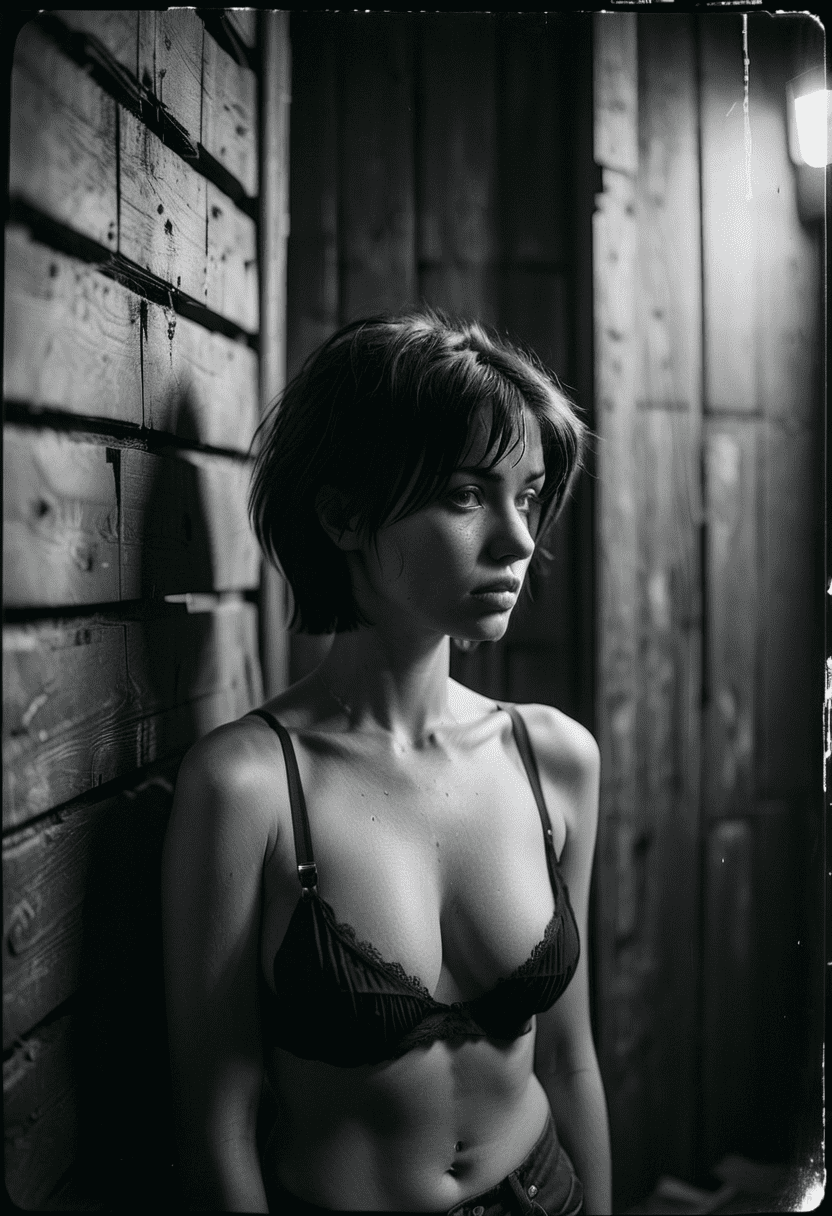 Analog black and white film photograph of a woman, dim dark moody lighting rule of thirds, short black slightly messy hair, form fitting clothes, staring into the viewers eyes, head turned slightly to the side, standing in front of a worn shiplap wall, iso 200 faded film, 35mm photo, grainy, vignette, vintage, kodachrome, lomography, stained, highly detailed, found footage