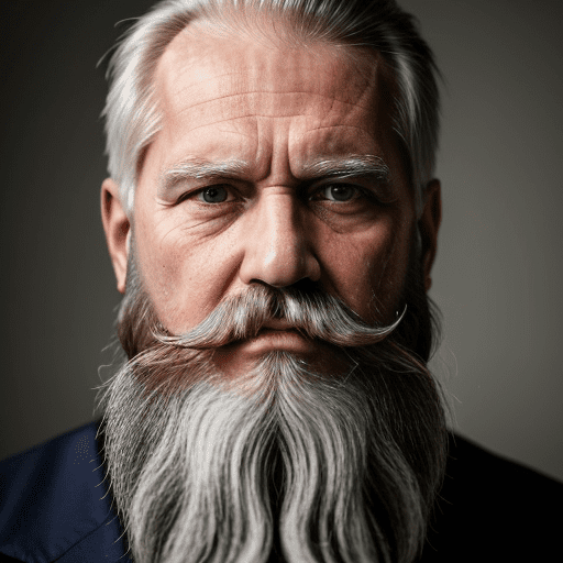 The image features an older man, a long white beard and mustache, he has a stern expression, giving the impression of a wise and experienced individual. The man's beard and mustache are prominent, adding to his distinguished appearance. The close-up shot of the man's face emphasizes his facial features and the intensity of his gaze.