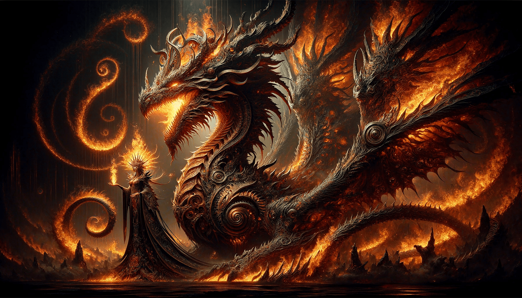 Craft a hyper-maximalist, detailed cinematic painting of a majestic fire dragon and its queen, in the style of magic the gathering. The dragon is enormous and regal, its scales a complex tapestry of flaming textures. The queen stands proudly beside her dragon, her attire adorned with the finest details of royal fire motifs. They are enveloped in spirals of flame, with a dark, ominous fog in the background. The composition is perfect, with dramatic lighting and shadows enhancing the powerful, ambient scene. Include elements of orthodox symbolism within the dragon and queen's design to add depth. The art is a fusion of dark fantasy and magic realism, with a tribal aesthetic. Render the image in an ultra-high 8k resolution to capture the most minute details, with an aspect ratio of 3:2, evoking the grandiose feel of artstation concept art. Robiness. Masterprompter.