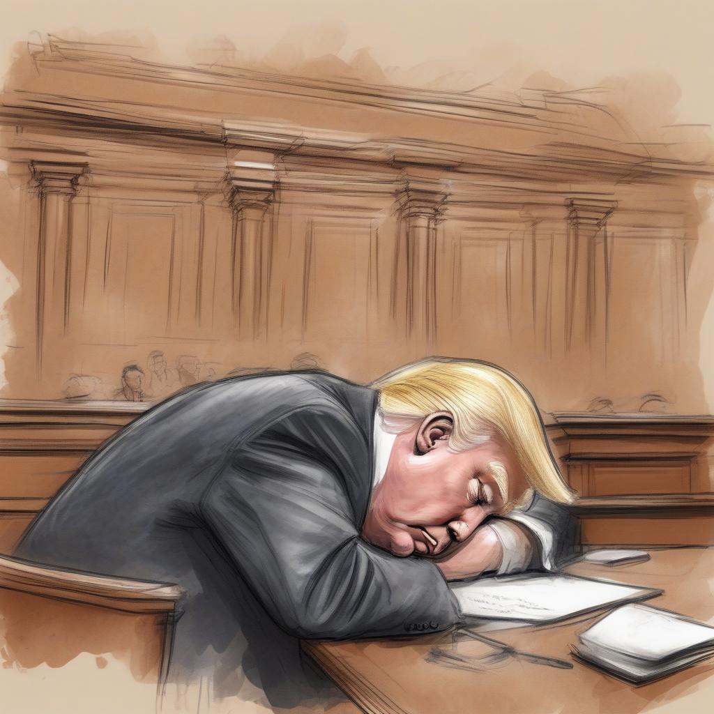 Trump sleeping in the courtroom with his head on table, rough quick hasty courtroom sketch done with chalks
