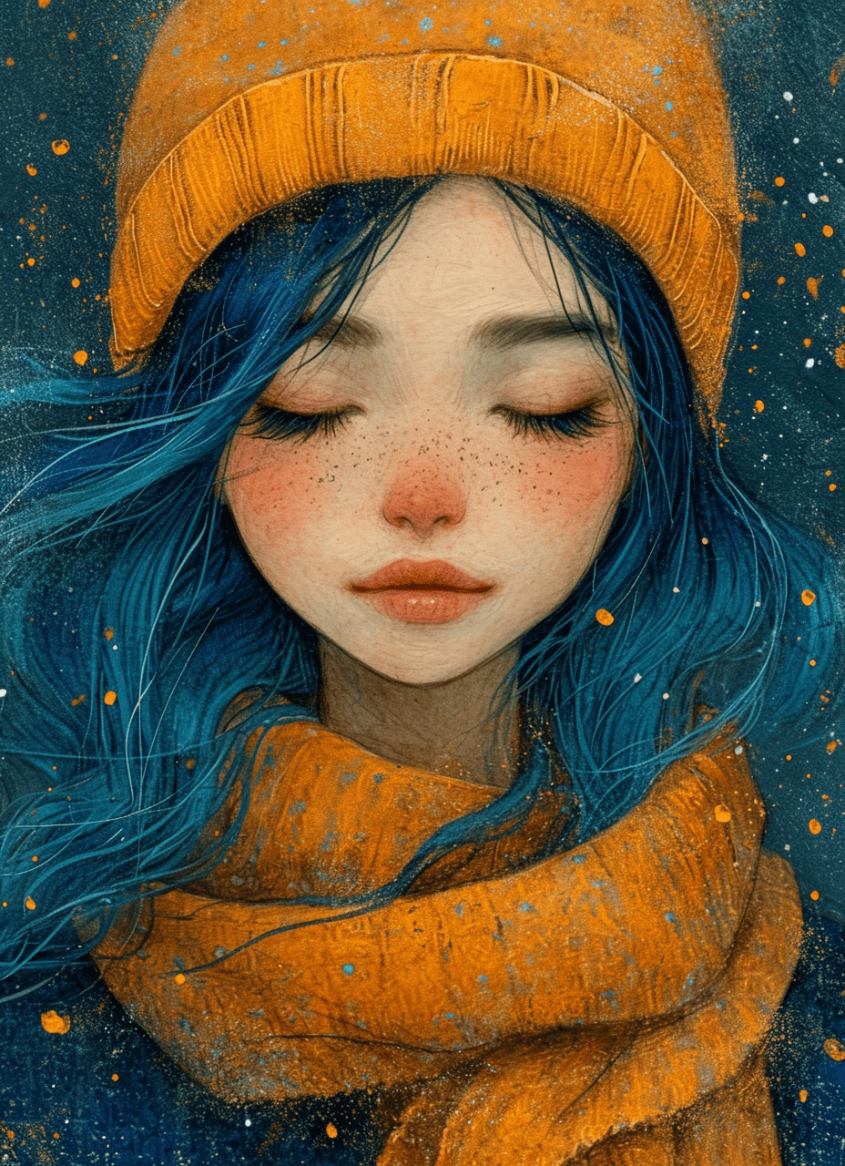 A girl with blue hair with eyes closed, in the style of the stars art group (xing xing) , yellow and orange, water drops, romantic illustrations, intense lines, gongbi, loose paint application --ar 71:98 --stylize 750 --v 6