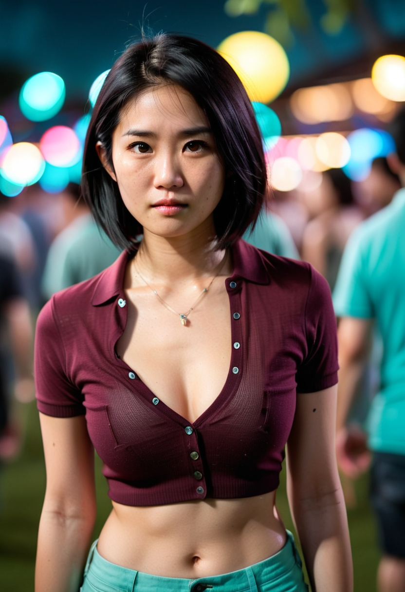 Photograph of a 28 year old asian woman wearing a tight short unbuttoned collared polo shirt showing off her midriff stares intently at the viewer with her perfect eyes, shoulder length black hair is slightly messy, attending a late night outdoor party, maroon and aqua colors, blurred lights in the background, a crowd of people all around, bokeh, hdr, 8k
