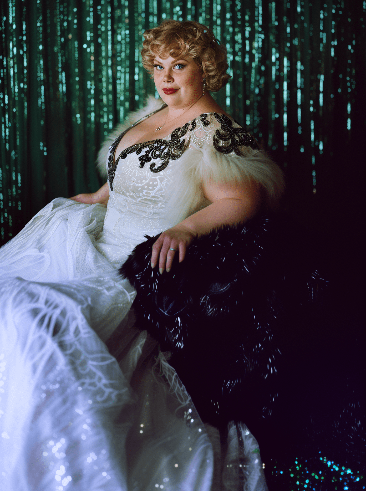 A photograph of an overweight woman with blonde hair and blue eyes, wearing a white dress adorned with black embroidery, while posing for the camera against a dark green sequin background. She has large fur shoulder pads and is posing in the style of a burlesque dancer. The photo was taken on film using flash photography. --ar 1:2