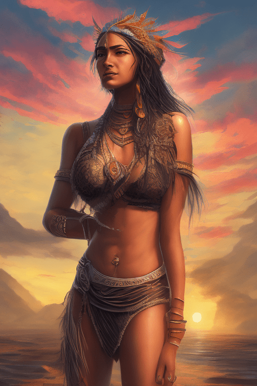 A stunning full body portrait of a maori woman, island background, sunset, charlie bowater, volumetric atmosphere, best quality, sharp focus, beautiful face, pretty hands, highres, vibrant intricate, insanely detailed, breathtaking, precise lineart, comprehensive cinematic, max detail, 4k uhd, digital art, adward winning, trending on artstation, dynamic pose