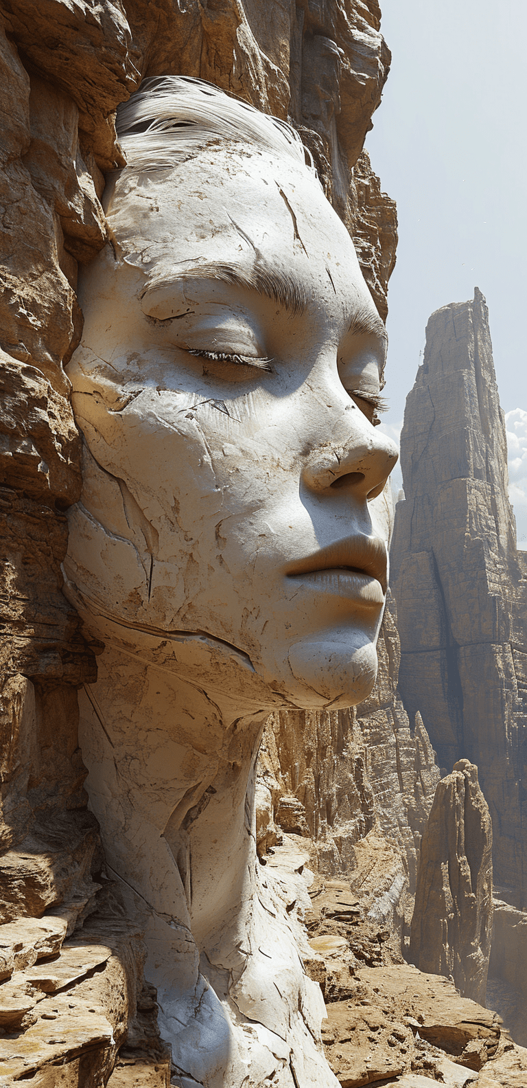 Art statue in cliffs, in the style of realistic hyper-detailed portraits, cryengine, detailed facial features, ingrid baars, multi-panel compositions, guido van helten, concept art --ar 31:64 --stylize 750 --v 6