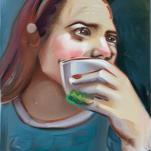 A painting of a woman, sitting while eating pizza, natural lighting, highly details, natural look, made a {randomly chosen} artist