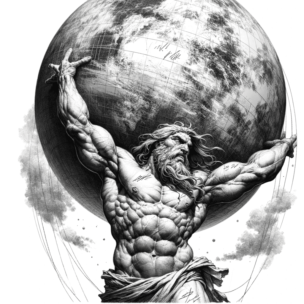 Digitize the sketched image of atlas from greek mythology, the character is portrayed as extremely muscular, holding up a massive celestial sphere, which is the earth. The scene is dramatic, emphasizing the strain and power of atlas. He has long hair and a rugged, classical appearance befitting a mythological titan. His attire is minimal, resembling ancient greek garments. Please exclude any signatures or artist autographs from the image. The artwork should be in a hyper-realistic style, capturing the textures of the skin and the fabric, as well as the grandeur of the celestial sphere. Robiness. Masterprompter.