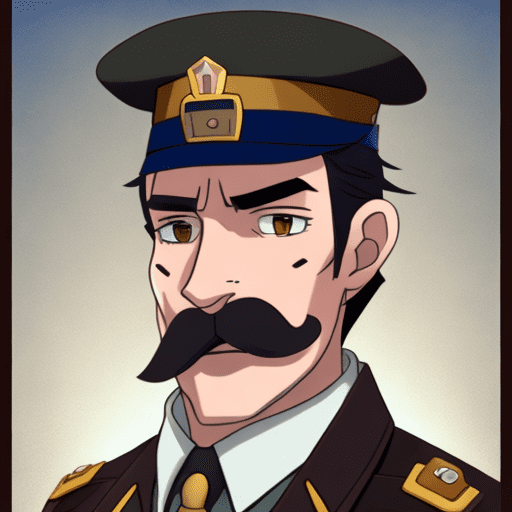 Male, middle age, side-parted slick back dark brown hair, blue eye color, military uniform, large build, thick mustache, square jaw, full body portrait, studio ghibli