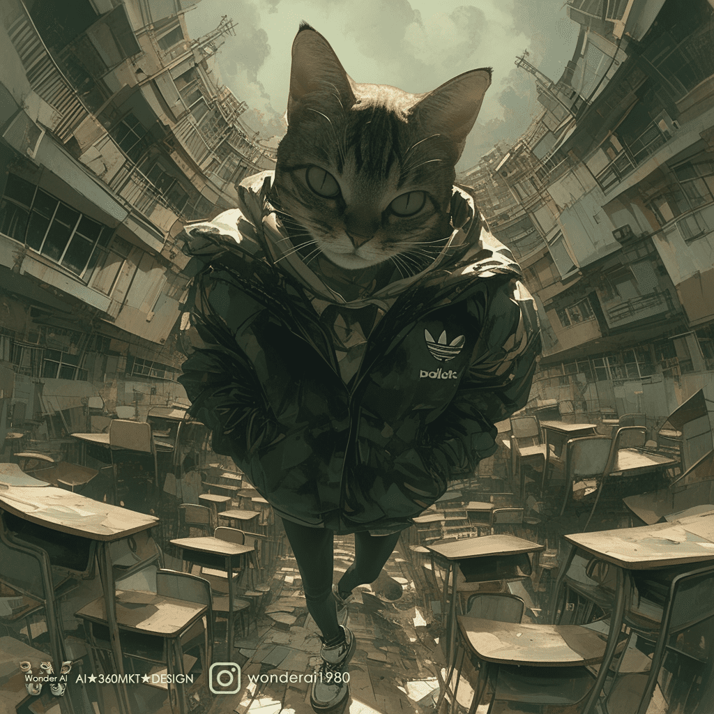 Supper realism, anthropomorphic cute cybernetic cat wearing adidas jacket and sneakers, crow around, (((cracked floors) )), damaged classroom, disordered tables and chairs, a beautiful sky, ((inverted and upside down city buildings) ), horror, creepy, ominous, haunting, gray and green, fantasy, golden ratio, ultrawide, hyper detailed, cinematic, hyper maximalist