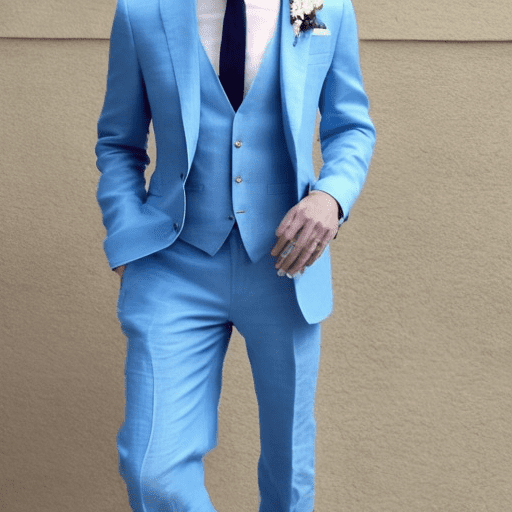 Caption: "a light and breezy blue linen suit is perfect for a summertime outdoor wedding. It's cool and comfortable! 🌤️👔" image: [insert image of a blue linen suit]
