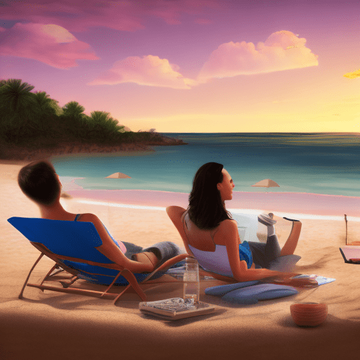 Beautiful sky with sunset, a man and a woman is lying and relaxing by the beach, watching a movie on a laptop, award-winning, professional, highly detailed photorealistic.