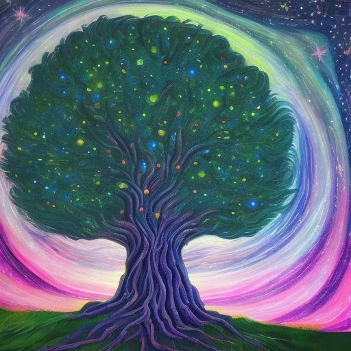 Bright painting of a tree with stars in the sky, in the style of dreamlike fantasy creatures, multilayered dimensions, swirling vortexes, realistic color schemes, dark green and light blue, light-filled landscapes, mystic mechanisms --ar 71:128 --stylize 750 --v 6