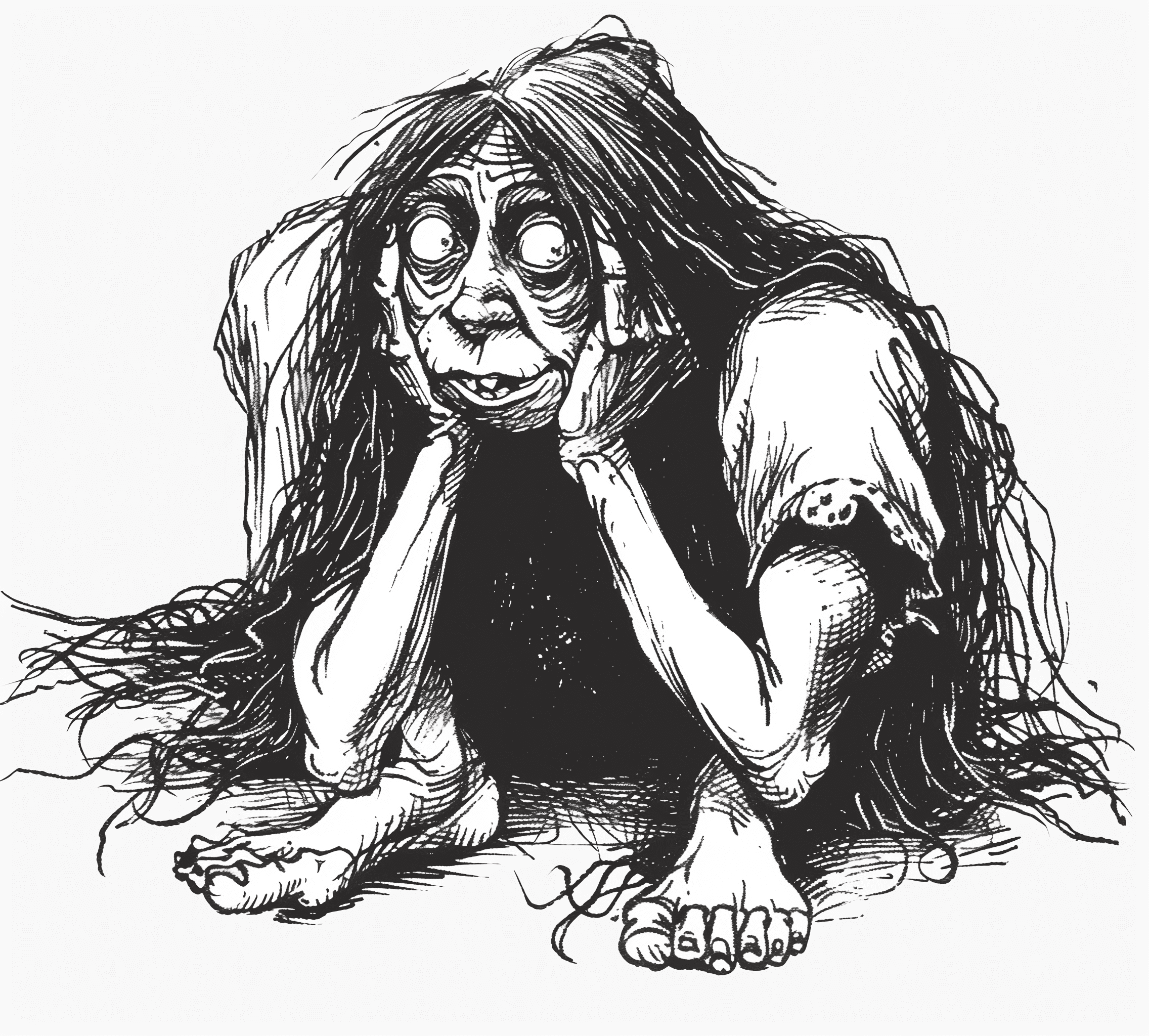 A cartoon drawing of an ugly woman with long hair, hunched over her hands in despair in the style of r crumb in the style of t grosser and in the style of k hulot's lemmings. --ar 105:94 --v 6. 0