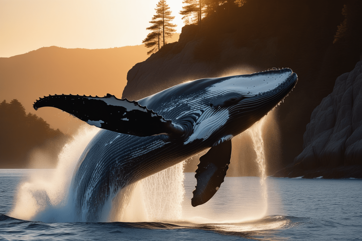 Photo realism, hd, 8k, highly defined, side view, humpback whale breaching the surface of the water, water streaming from the body, spraying from the head, background a detailed rocky cliff with trees on top at sunset