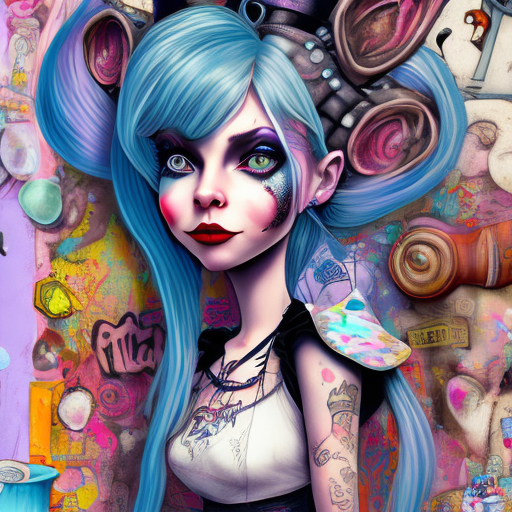 Portrait of tatooed alice from alice in wonderland disney movie, character design, detailed hair, punk art, acid punk, cluttered wall with street art background, ethereal, disney style