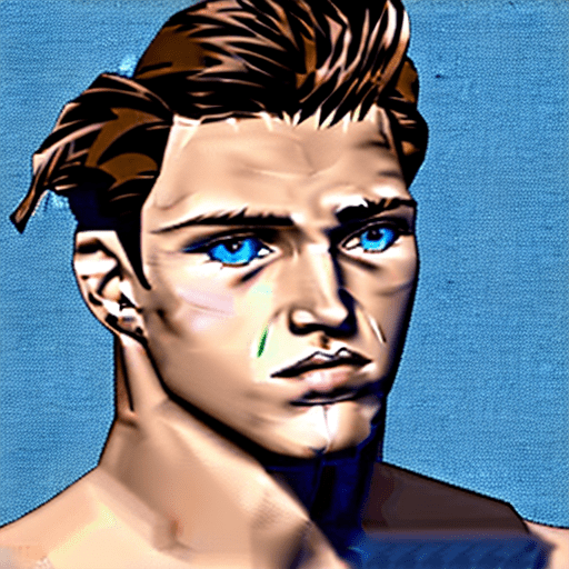 He has color dark brown hair and blue eye. He is 185cm and age 25. Skin color fair skinned. Has a muscular and strong body. He has broad shoulders and defined muscles. His long, mane-like hair reaches his shoulders and is usually left unkempt. His stern gaze and sharp features reflect his determination and courage. He usually wears leather armor, with a few scars and scars of experience. A broad sword hangs from his waist, the hilt of the sword is decorated. The motifs and details on the hilt give him a noble air. On his feet are sturdy leather boots. His warrior stance and determined eyes show that he is a strong and fearless warrior.