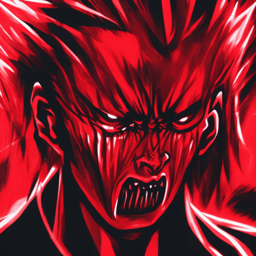 Gon freecs, crying, look of fury, intense aura in red and black. Glimpse of a demonic look in the background mixed with a black background.