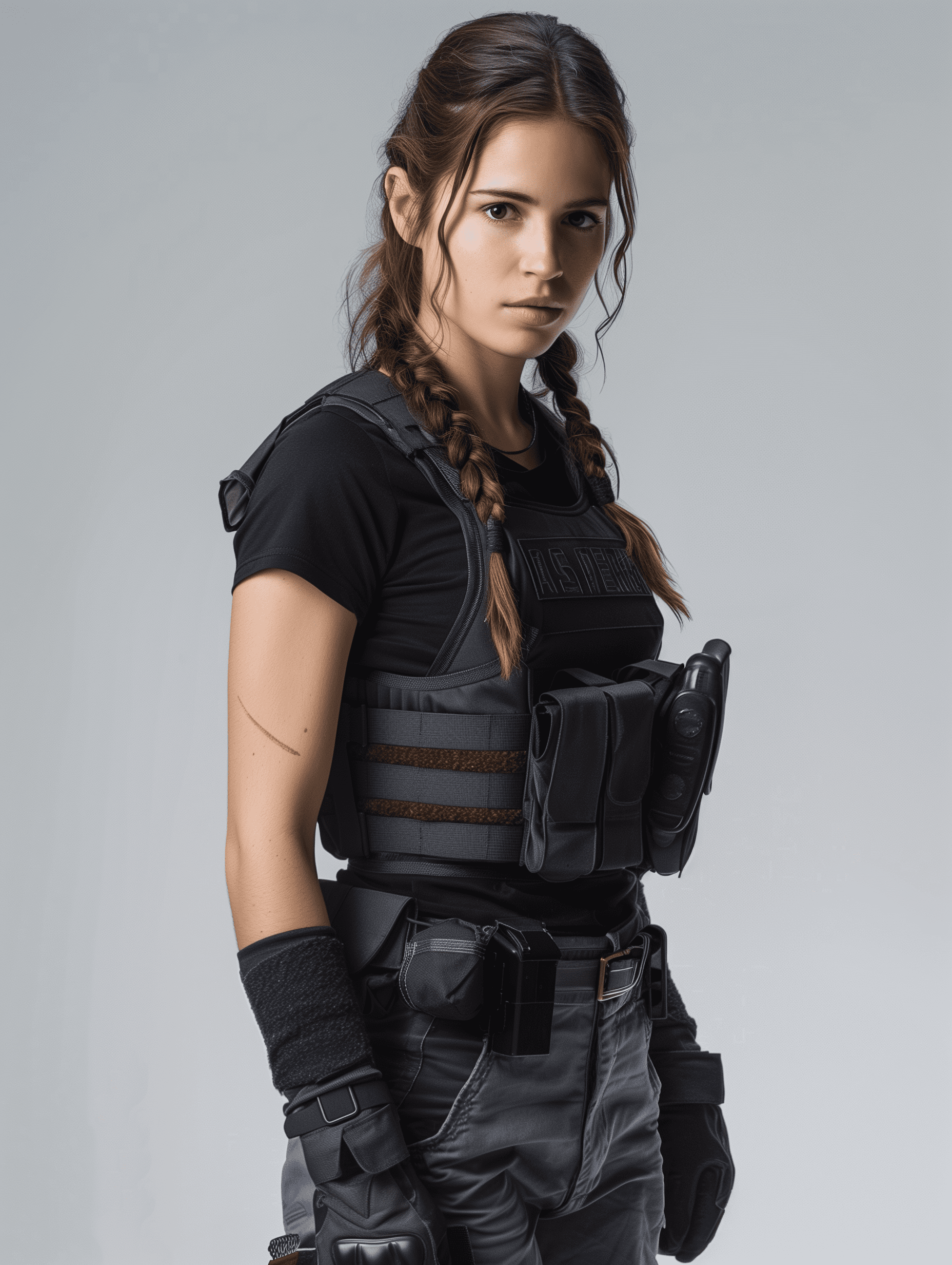 Photo of a slim, tall 29-year-old woman with long brown hair in a braid and a seriouus expression, wearing a security uniform with a utility vest and gloves
