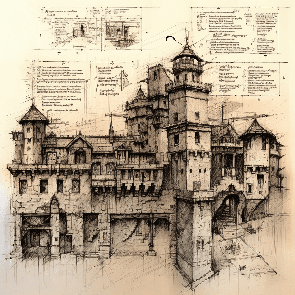 Detailed with notes, ink sketch of medieval preschool slick design clean lines blueprint perfect awesome